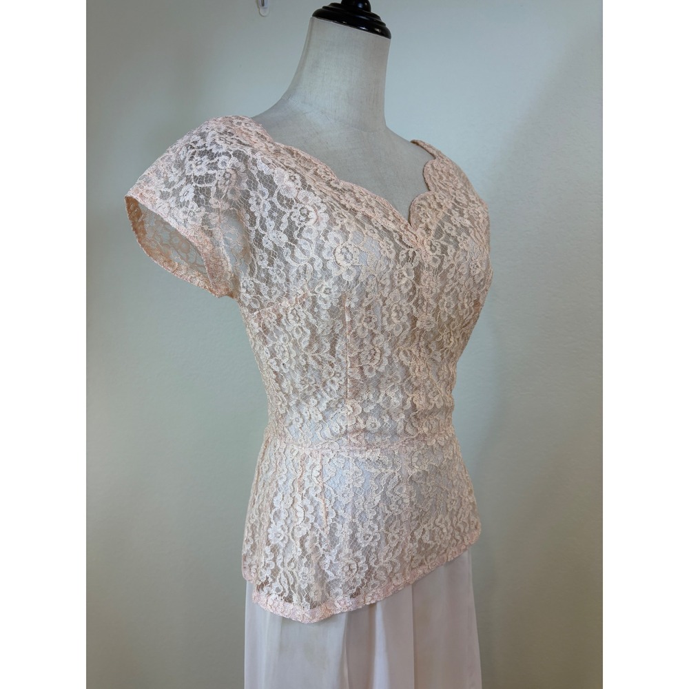 Vtg 50s Lace Top Scarf Slip Set S Pink 3pc Ensemble Romantic Formal cocktail - Picture 6 of 14